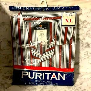 Puritan Mens Pajama Set size XL Long sleeve Long leg stripe red white Navy New
